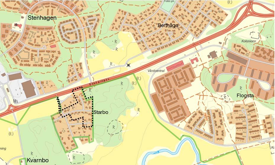 OMRÅDESFÖRUTSÄTTNINGAR OCH FÖRÄNDRINGAR Plandata Geografiskt läge Planområdet omfattar det sedan tidigare detaljplanelagda bostadsområdet i Starbo, söder om Stenhagen och väg 55/Enköpingsvägen, i
