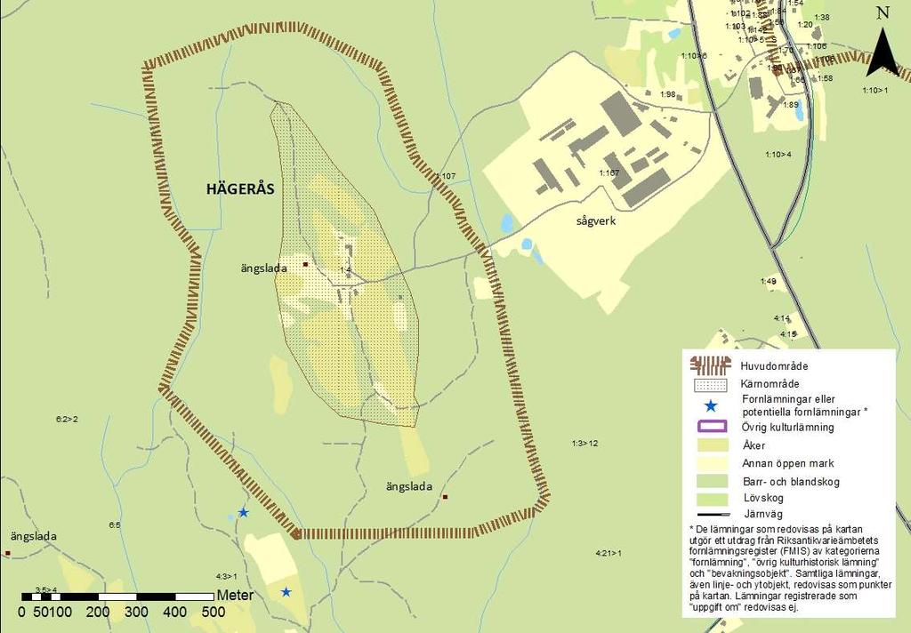 Huvudområdet HÄGERÅS klass 3 Skogslandets jordbruk: Odlingslanslandkap med stenbefriade åkrar, fägator, stenrösen, hamlade träd och ängslada.