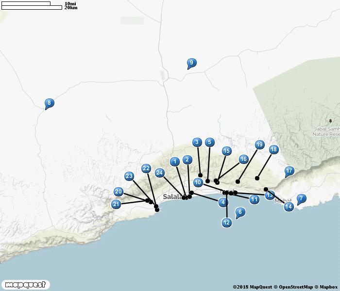 OMAN 1. Salalah Beach Resort 2. East Khawr 3. Ayn Razat 4. Sahnawt Farm 5. Ayn Hamran 6. Pelagic off Juweira 7. Wadi Baqlat 8. Mudayy 9. Wadi Rabkut 10. Taqah Viewpoint 11. Khawr Taqah 12.