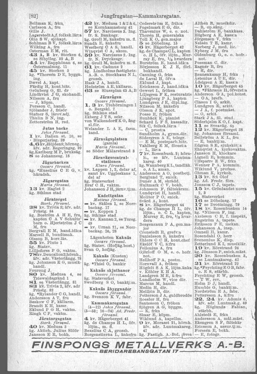 [82J Bellman K, frkn Carlsson A, fru Gille J. Lagerstedt A,f. folksk.lär:a Olin S W, sjökapt. Sohlman B V, folksk.lär:a Wilking A, fru Österman E M, rit. 43 Å, B kv. Storken 6, se Sibr.lleg.