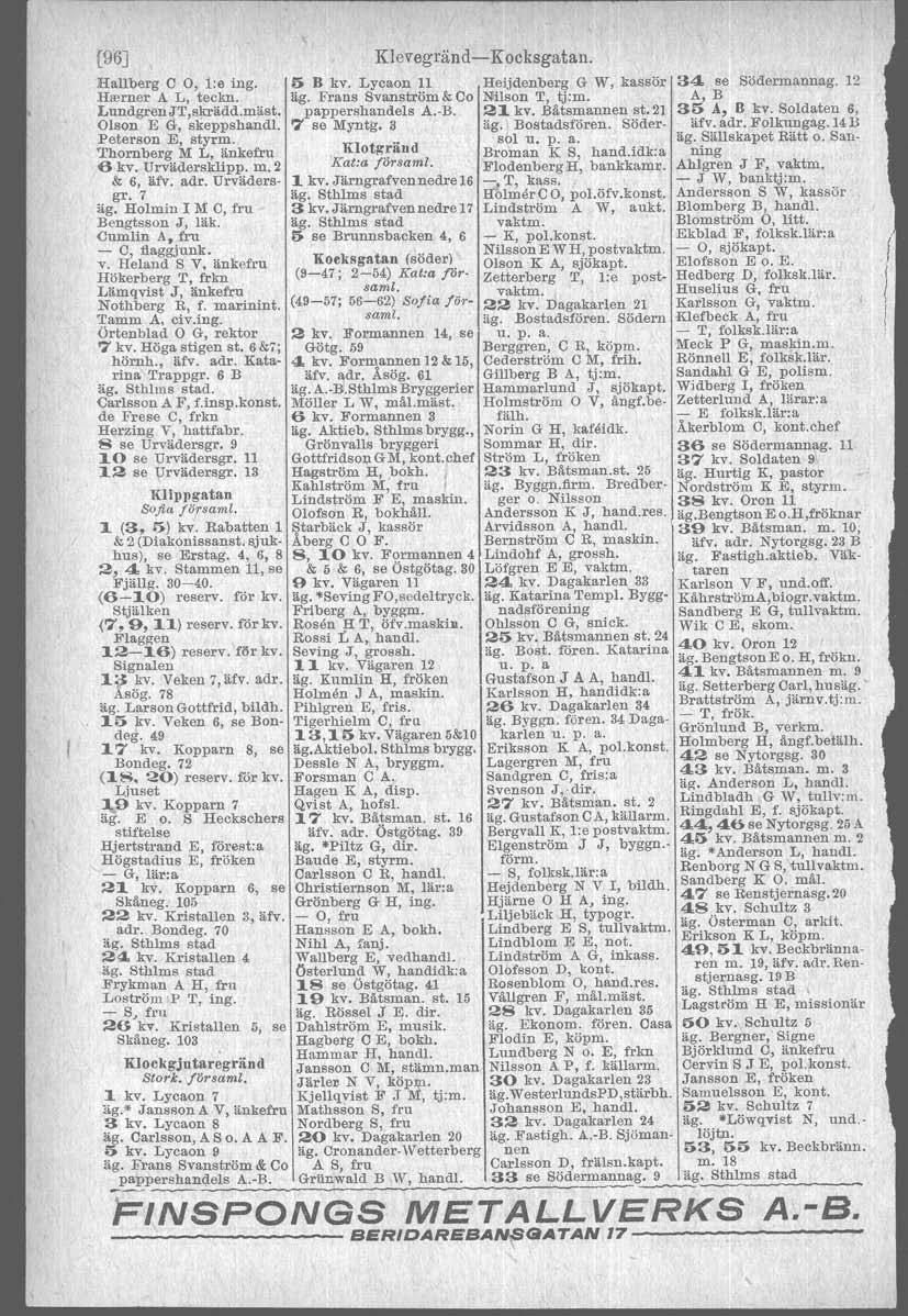 (96J Klevegränd- Kocksgatan. Hallberg C 0, l:e ing. 5 B kv. Lycaon 11 Heijdenberg G W, kassör 34 se Södermannag. 12 Hmrner A L, teckn. äg. Frans Svan ström &Co Nilson T, tj:m. A,B Lundgren JT,sj<rädd.