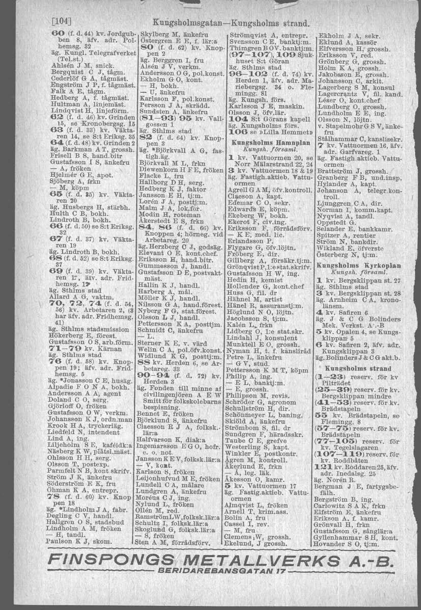 ~ :.-- [104J 60 (f. d. 44) kv. Jordguhben 8, äfv. adr. Polhemsg. 32 äg. Kungl. Telegrafverket (Tel.st.) Ahlsen J M, snick. Bergquist C J, tägm. Cederlöf G A, tägmäst. Engström J P, f. tägmäst. Falk A Eo tägm.