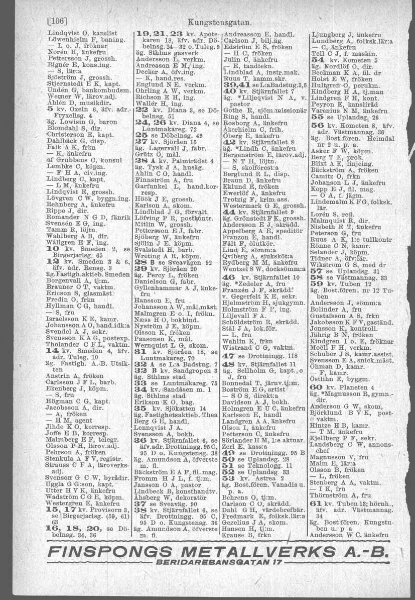 [106J Lindqvist O, kanslist Löwenhielm F, baning. - L o. J, fröknar 'Noren H, änkefru Pettersson J, grossh. Rigner E, kons.ing. - 8, lär:a Sjöström J, gros sh. Stjernstedt E K, kapt.