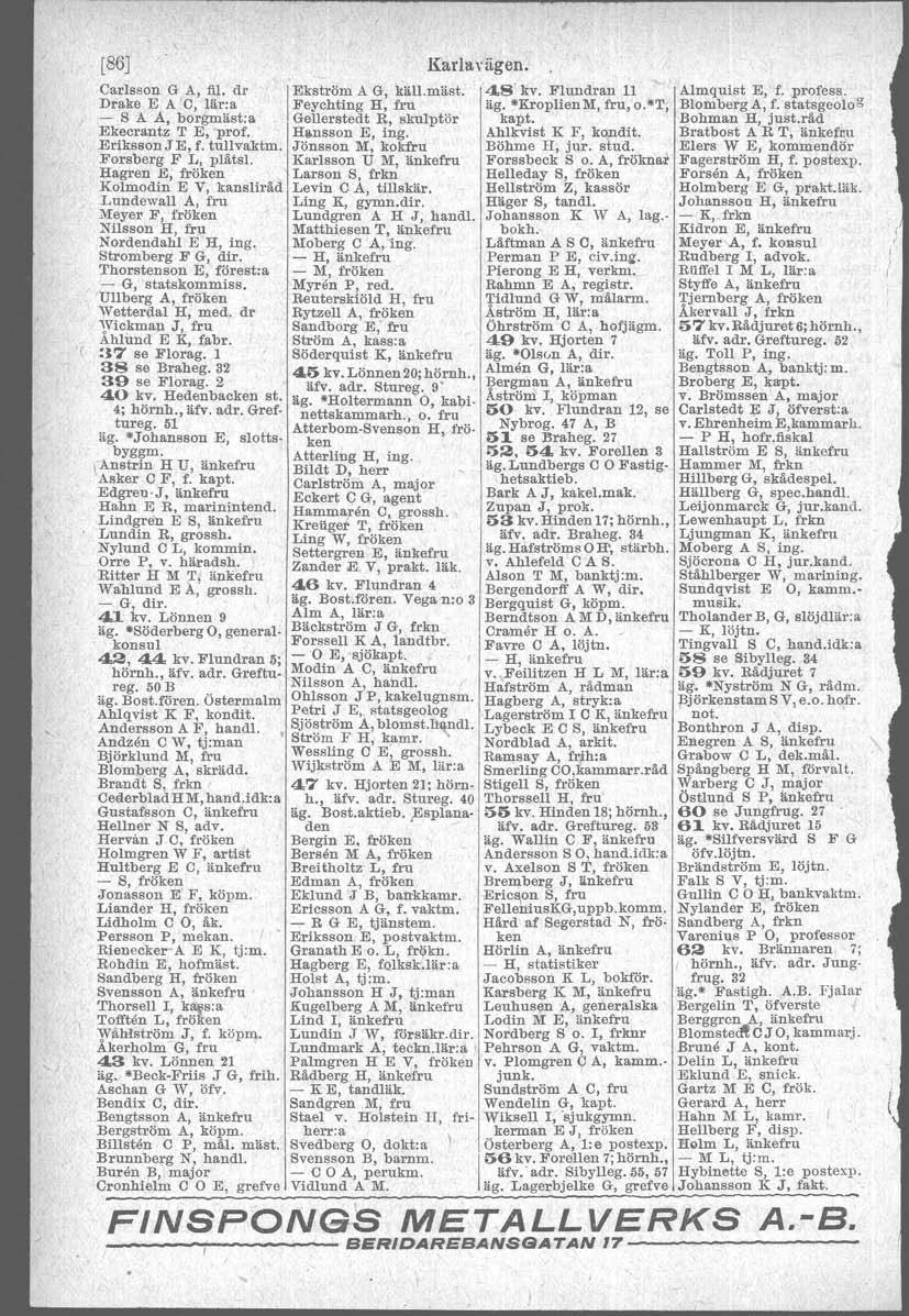 [86J Karlavagen. Carlsson G A, fil. dr [Ekström A G, kält.mäst, 4S' kv. Flundrau 11 Almquist E, f. profess. Drake E A G, lär:a Feychting H, fru äg. *KroplienM, fru, o. T, Blomberg A, f.