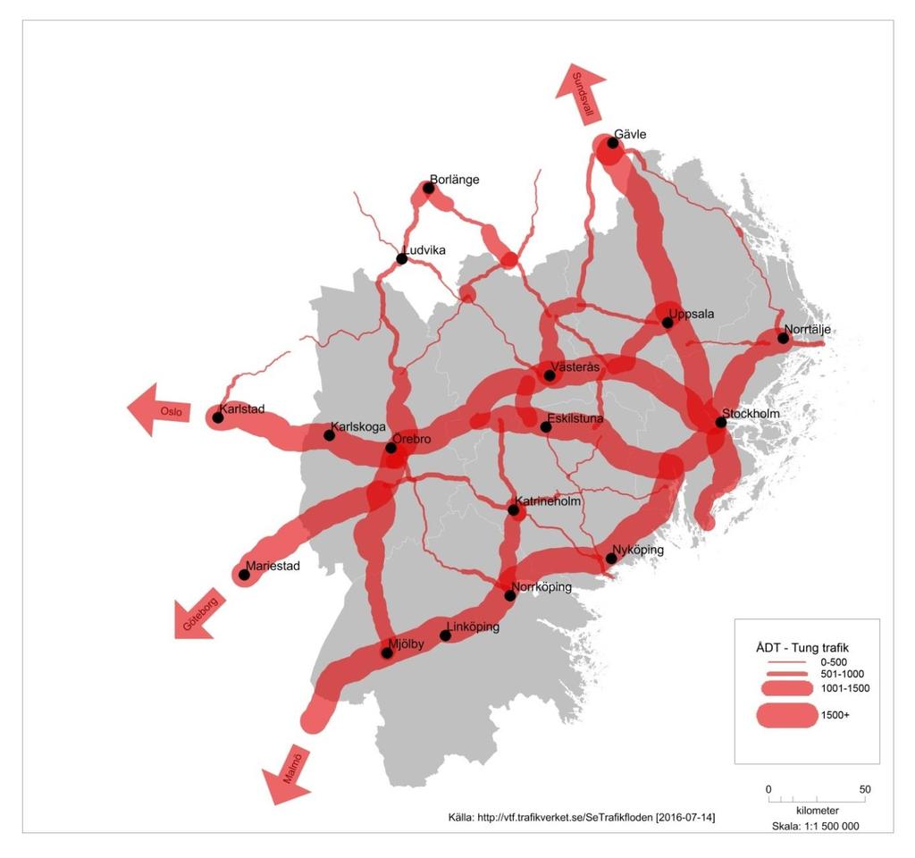 Figur 6: Enligt Trafikverkets prognosmodell beräknas antalet fordonskilometer öka med 56 procent mellan 2014 och 2040. På det övriga vägnätet beräknas ökningen bli 37 procent.