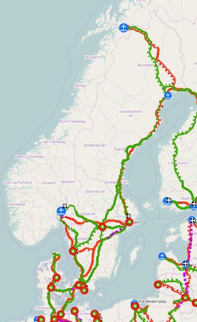 Figur 7: TEN-T stomnät Nordeuropa I TEN-T stomnätet ingår följande för Örebroregionen viktig infrastruktur: Vägar o E18 mellan Örebro och Oslo o E20 mellan Örebro och Stockholm Järnvägar o Västra