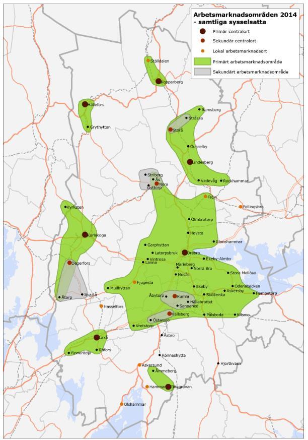 Figur 16: Lokala arbetsmarknadsområden i Örebro län 2014. I figur 7 syns de primära och sekundära lokala arbetsmarknadsområdena i Örebro län 2014.