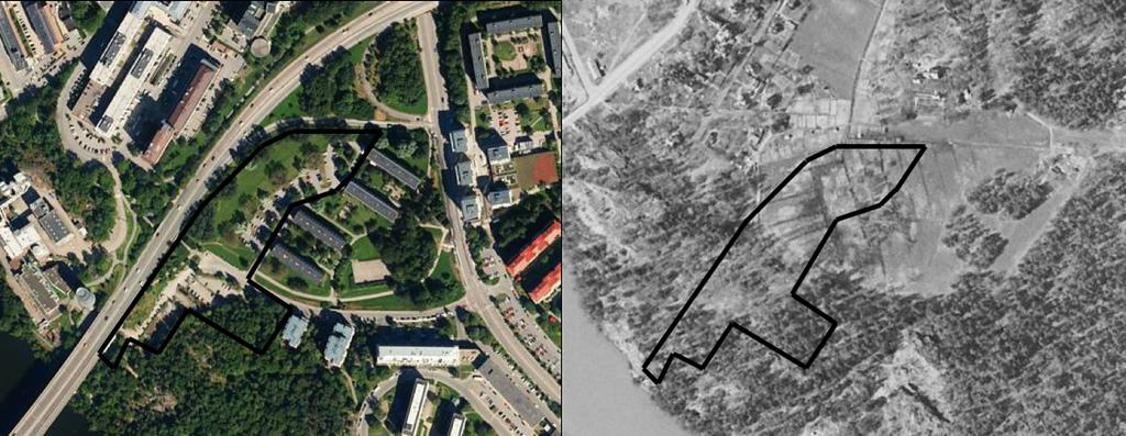 2017-09-19 området fanns tidigare en våtmark på den yta där det idag finns parkeringsplatser och hus. Den södra delen av undersökningsområdet bestod av skogsmark.