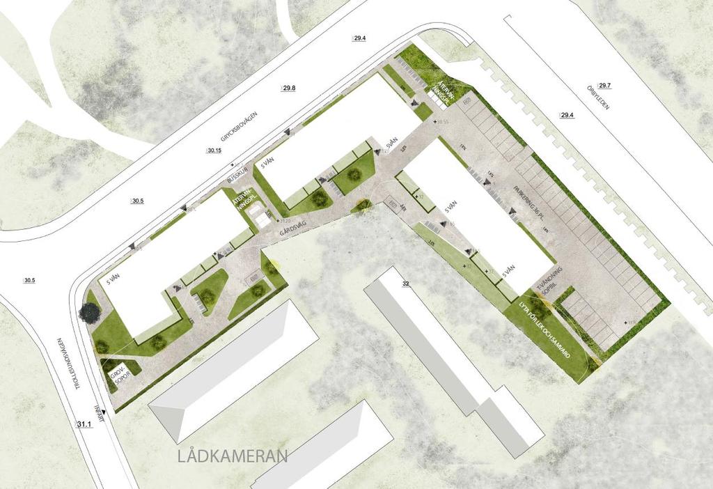 Sida 18 (20) 7.2 Föreslagen placering makadammagasin Förslag på placering av makadammagasin Figur 9. Föreslagen placering makadammagasin. Exempel på grönytor/planteringar där regnvatten kan infiltreras.