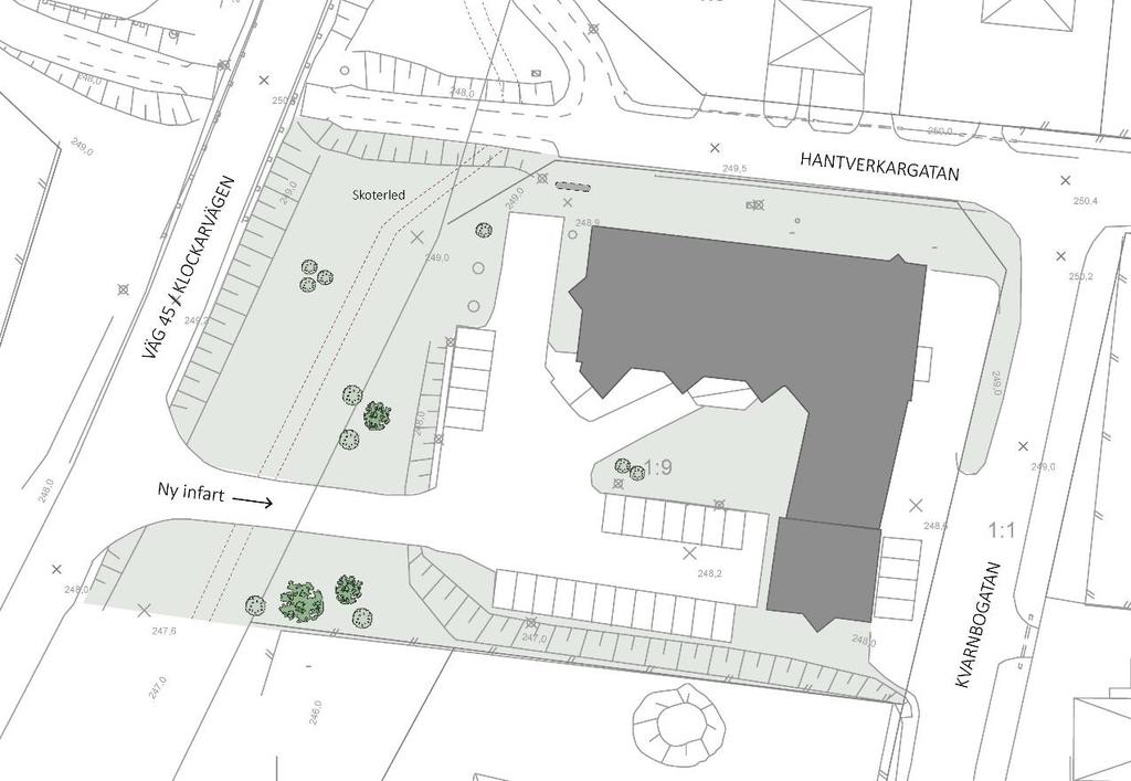 Illustration visar ny infart samt lösningar avseende förbindelser samt parkeringsplatser.