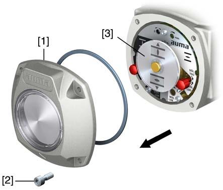 Idrifttagning 1. Lossa skruvarna [2] och ta av locket [1] från styrenhetsutrymmet. Bild 16: 2.