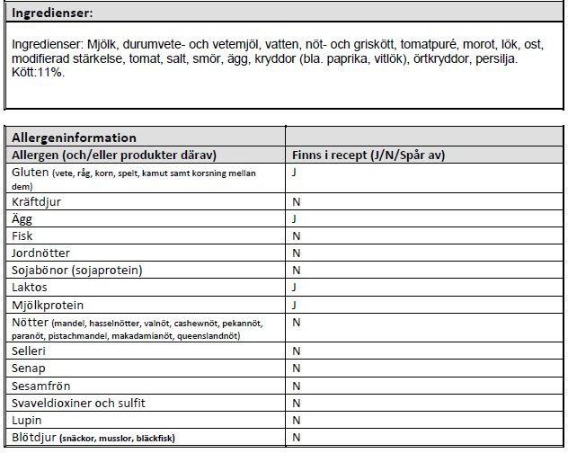 Lasagne : Mjölk durumvete- och vetemjöl, ötkött (14 %), vatten, tomat, lök, grädde, morot, modifierad