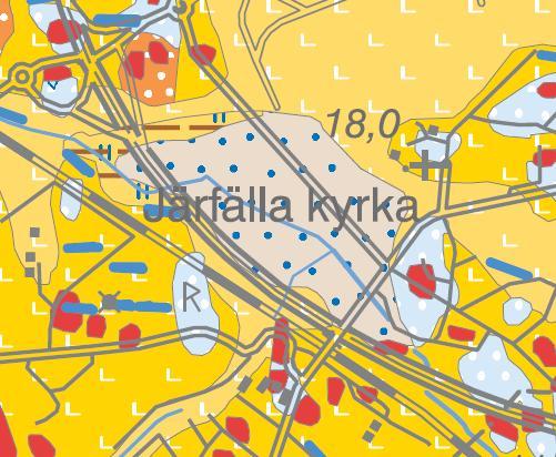 Figur 3 SGU;s jordartskarta över området. Beige färg illusterarområden med kärrtorv, gul färg lera och blå färg morän. 7.