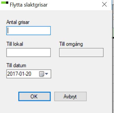 Flytta alla grisar i en leverans Är det en hel slaktleverans om hamnat fel ändrar man helt enkelt lokalen/omgången på Slakt (grupp). Se bilden här intill.