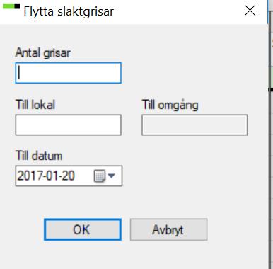 Flytta alla grisar i en leverans Är det en hel slaktleverans om hamnat fel ändrar man helt enkelt lokalen/omgången på Slakt (grupp). Se bilden här intill.