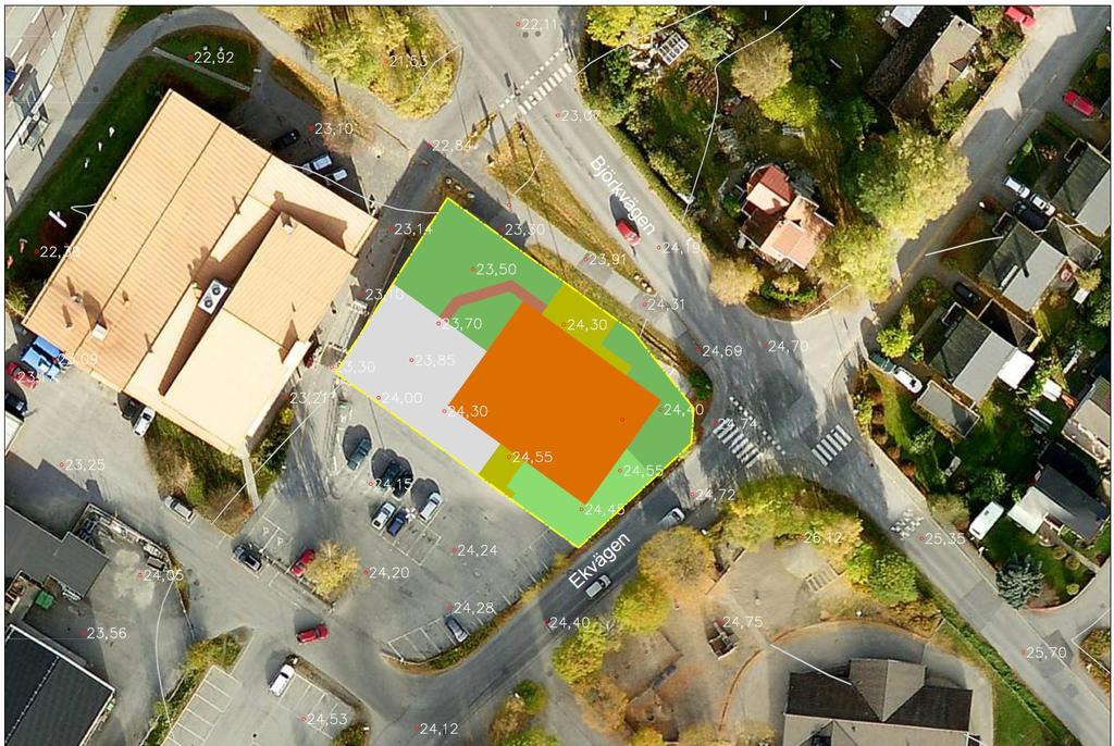 Figur 2 Sattelitkarta 1 planområdet med markanvändning efter exploatering inritad. Byggnad(orange), parkering (grå), gångväg (brun), grönyta (grön), uteplats (ljusgrön), hårdgjorda entréer (gul). 3.