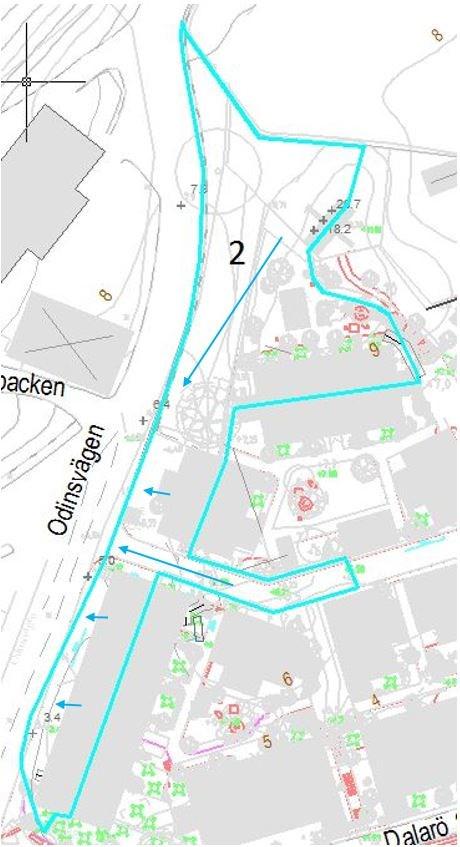 8.2 Avrinningsområde 2 Området avvattnas mot Odinsvägen där en befintlig D300 ligger med utlopp i hamnen. Enligt kommunens uppskattning har ledningen kapacitetsproblem.