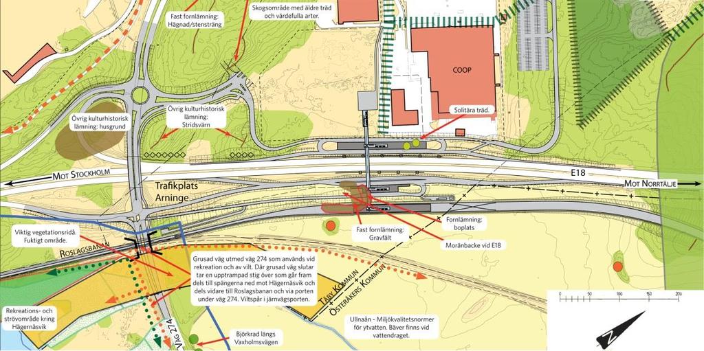 Landskap och bebyggelse Vid Arninge präglas landskapsbilden i dag av infrastruktur och bebyggelse.