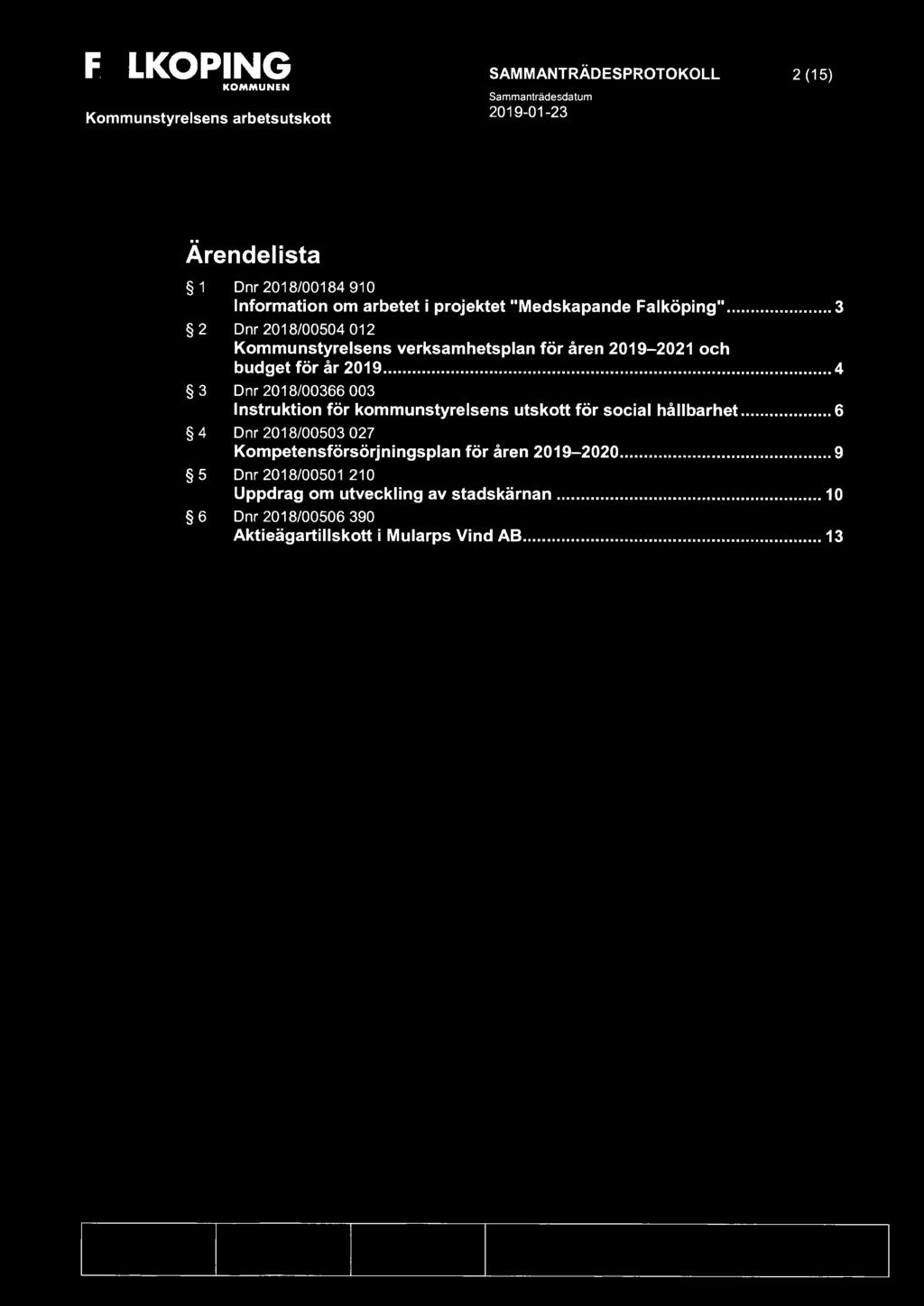 FLKOPING SAMMANTRÄDESPROTOKOLL 2(15) Ärendelista 1 Dnr 2018/00184 910 Information om arbetet i projektet "Medskapande Falköping" 3 2 Dnr 2018/00504 012 Kommunstyrelsens verksamhetsplan för åren
