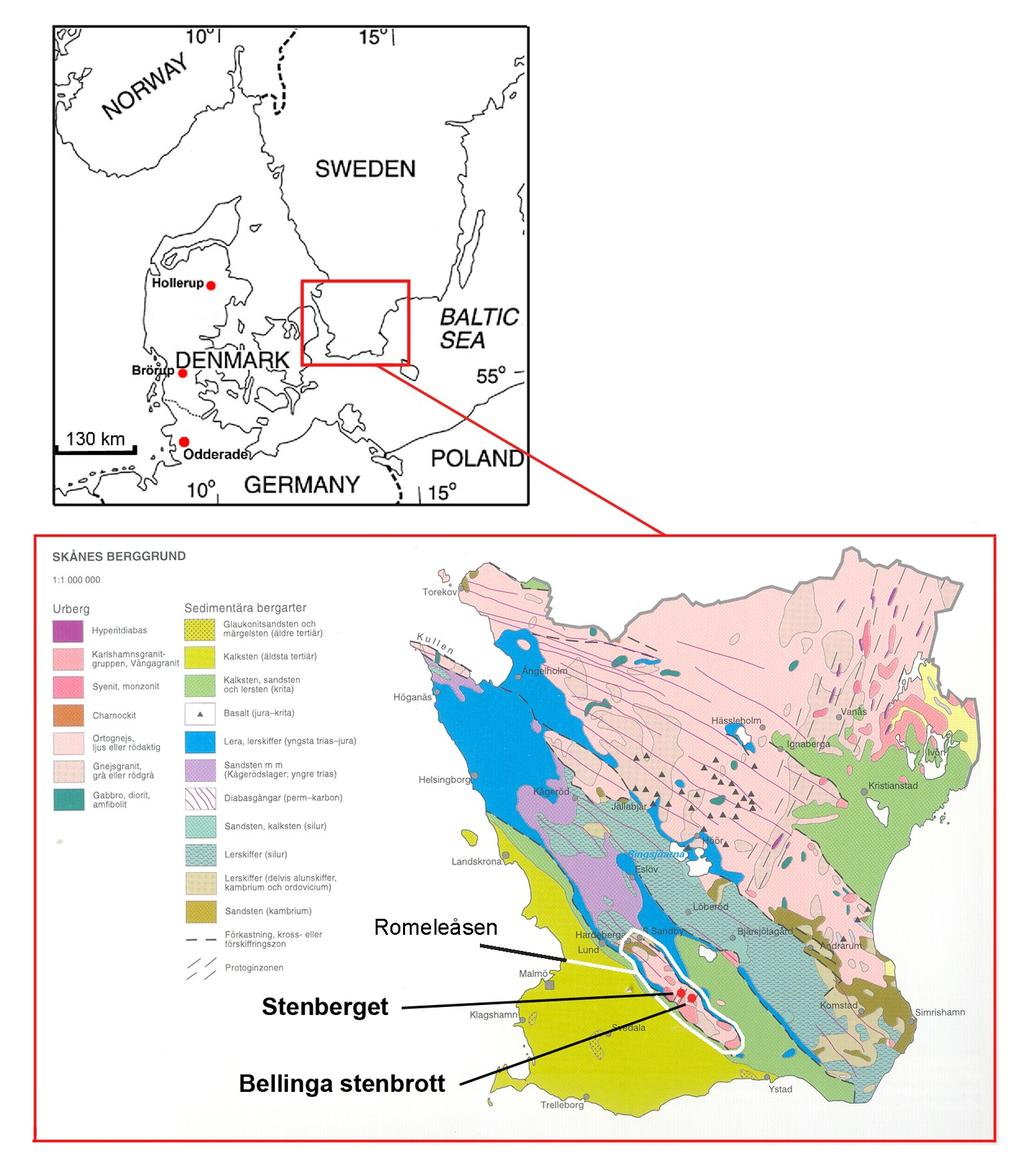 Figur 1. Lokaliseringskarta över Sydskandinavien (omarbetad efter Arvidsson 2008) samt berggrundskarta över Skåne (omarbetad efter Germundsson & Schlyter 1999).