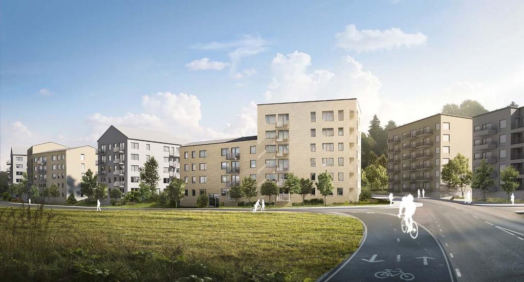 Perspektivbild som visar byggnadsvolymerna och möjlig utformning i kvarteret närmast Ekebydalen, sett från väster.