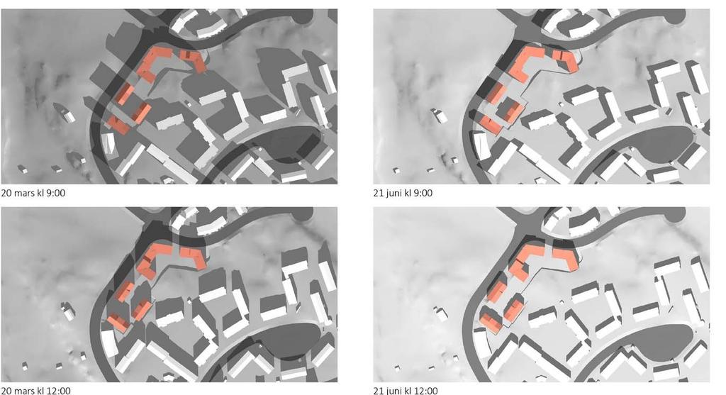 Sol och skugga Planområdet utgörs huvudsakligen av en norrsluttning, delvis med storvuxna träd. I samband med planarbetet har respektive byggaktörs arkitekter utfört solstudier.