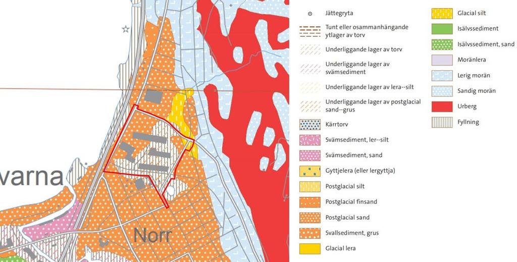 Figur 3-4: Jordartskarta över planområdet (avgränsning i rött). Jorddjupet uppskattas enligt jorddjupskartan variera mellan 20-50 meter, där den största delen av området varierar mellan 20-30 meter.