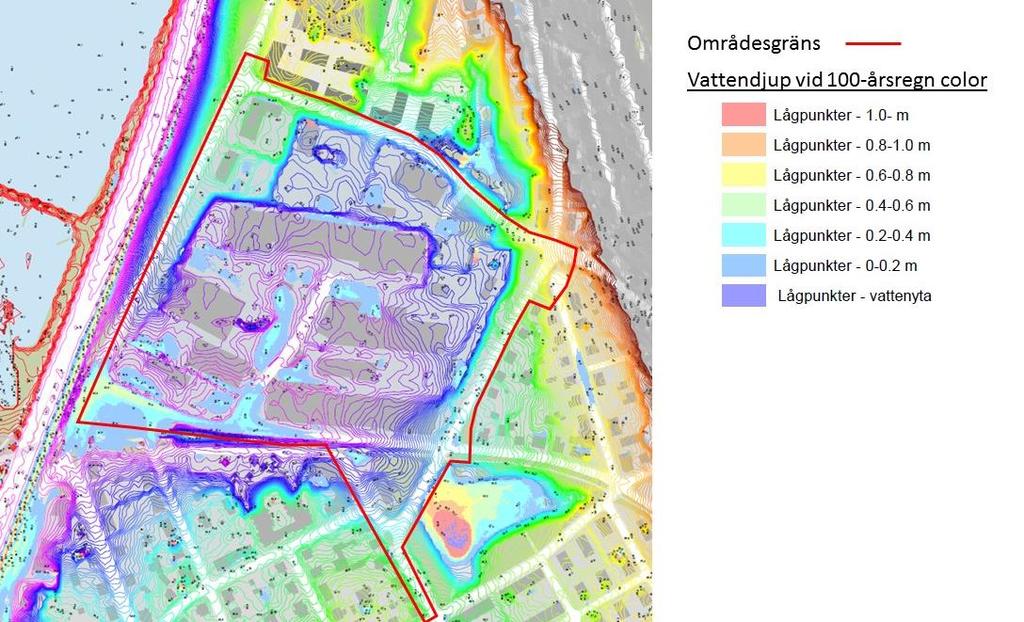 Vid ett 100-års regn uppskattas lågpunkter motsvarande ca 10% av planområdets yta täckas med ett vattendjup på 0,2 0,4 m.