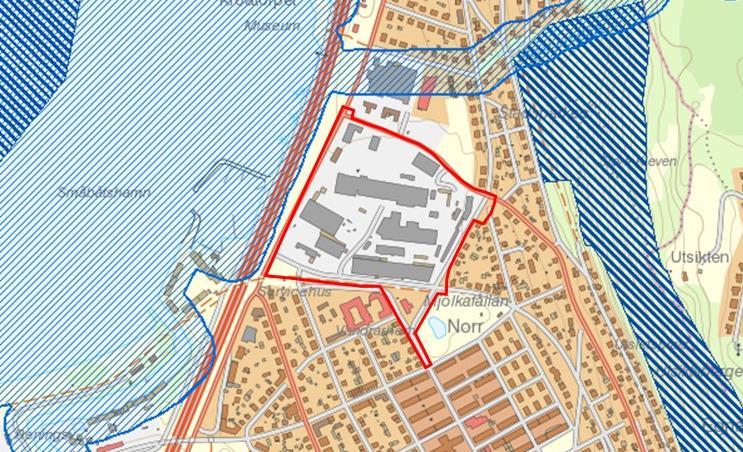 Figur 3-12: Vattenskyddsområde Vättern (ljusblått) och art- och habitatdirektivet, Vättern södra (mörkblått). Planområdets avgränsning i rött. 3.6 Markanvändning befintlig och planerad Planområdet består idag till största delen av ett asfalterat industriområde med stora byggnader och vägar mellan fastigheterna.