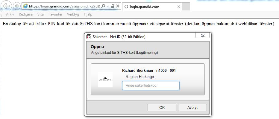 3. Net id ska nu starta automatiskt likt nedan och visa en ruta där du skriver in din pinkod och klickar på OK: Om felmeddelande istället
