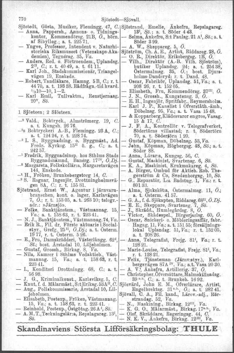 770 Sjöstedt-c-Sjnvall. Sjöstedt, Gösta, Musiker, Flemingg. 47, O. Sjöstrand, Emelie, Änkefru, Repslagareg. - Anna, Pappersh.,.;\dmons o. 'I'idnings- lsr, f$.ö.; a. t. Söder 443. kontor, Kommendörsg.