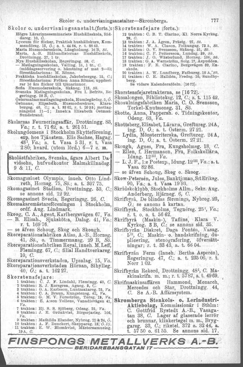 Skolor o. undervisningsanltalter-skromberga. Skolor o. undervisningsanstalt.(forts.): Skprstensfejare (forts.): Högre Lärariunesemtnartets Hushållsskola,Rid 12 trakten: C. B. T. Clarino, Kl.