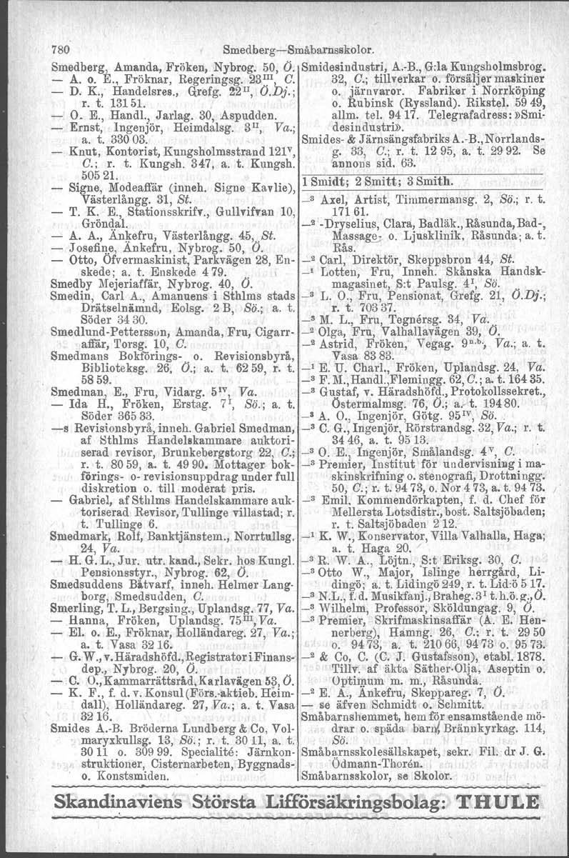 780 Smedberg-Småbarnsskolor. Smedberg, Amanda, Fröken, Nybrog. 50, O. Smidesindustri, A.-B., G:la Kungsholmsbrog. - A. o. E., Fröknar, Regeringsg.:l31~1, C. 32, C.; tillverkar o.