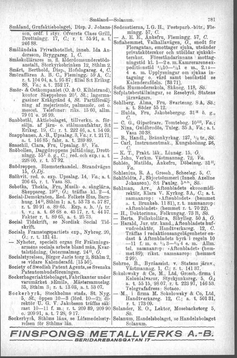 Småland-e-Solanum. 781 Småland, Grufaktiebolaget, Disp. J. Johans- Sodenstierna, LG. H., Postsparb.vb itr., Fledi I t Of t Cl G'U mingg 57 C D son'ttor: ;:sly 7 r.c.vers ~ 55a~~ :1 t' _ A. E, E.: ~.