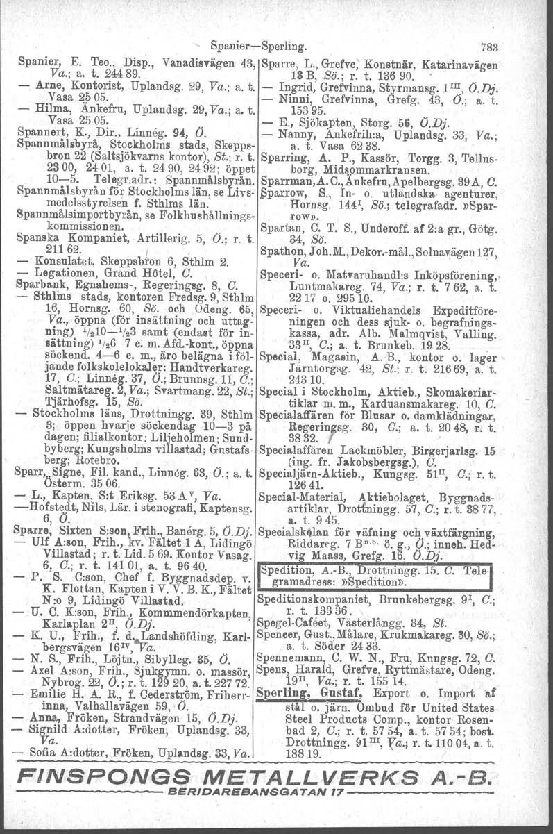 Spanier-Sperling. 783 Spanier, E. Teo., Disp., Vanadievägen 43, Sparre, L., Grefve ' Konstnär, Katarinavägen Va.; a. t. 244 89. 13 B, Sö.; r. t. 136 90.'. - Arne, Kontorist, Uplandsg. 29, Va.; a. t. - Ingrid, Grefvinna, Styrmansg.