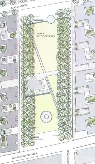 Den centrala kvartersparken Den höga exploateringen ställer också krav på gaturummets gestaltning.