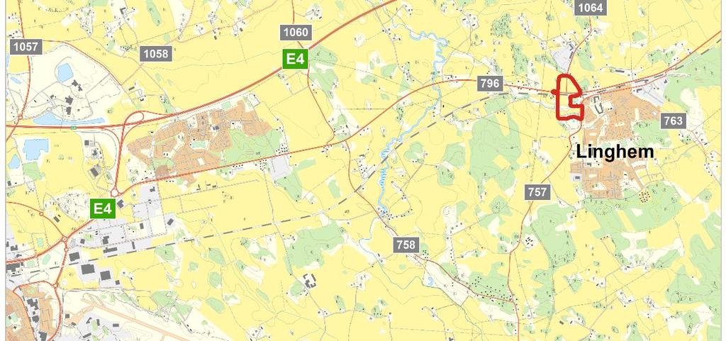 Figur 1. Linghem är beläget öster om Linköping och utredningsområdet för ny infart ligger nordväst om samhället Linghem. 1.2.