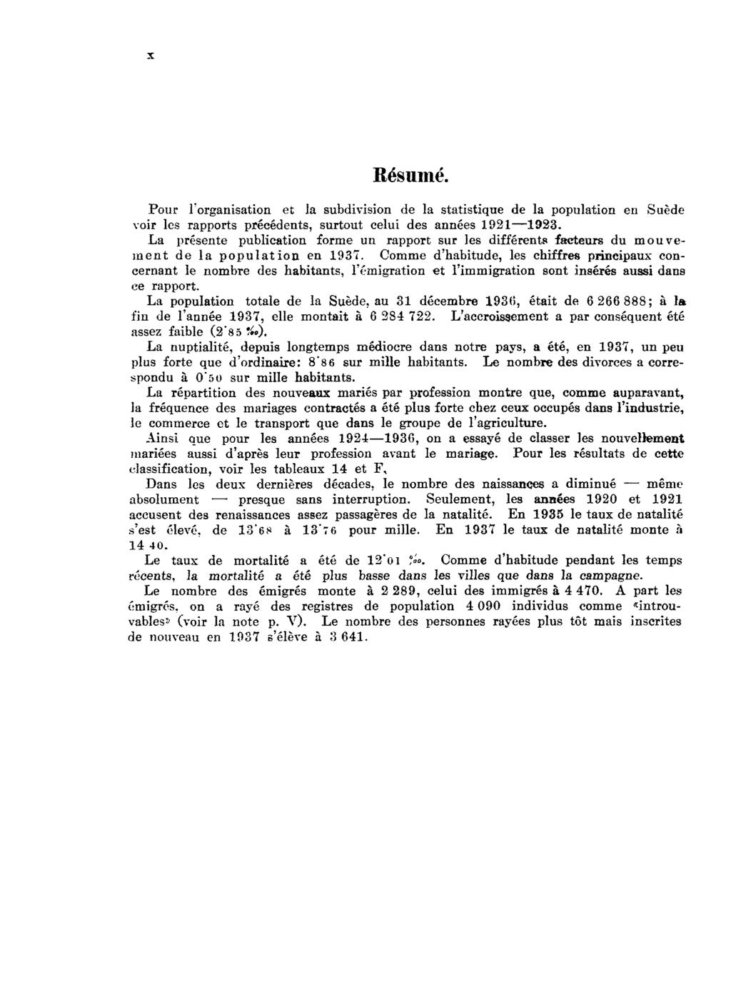 X Résumé. Pour l'organisation et la subdivision de la statistique de la population en Suède voir les rapports précédents, surtout celui des années 1921 1923.