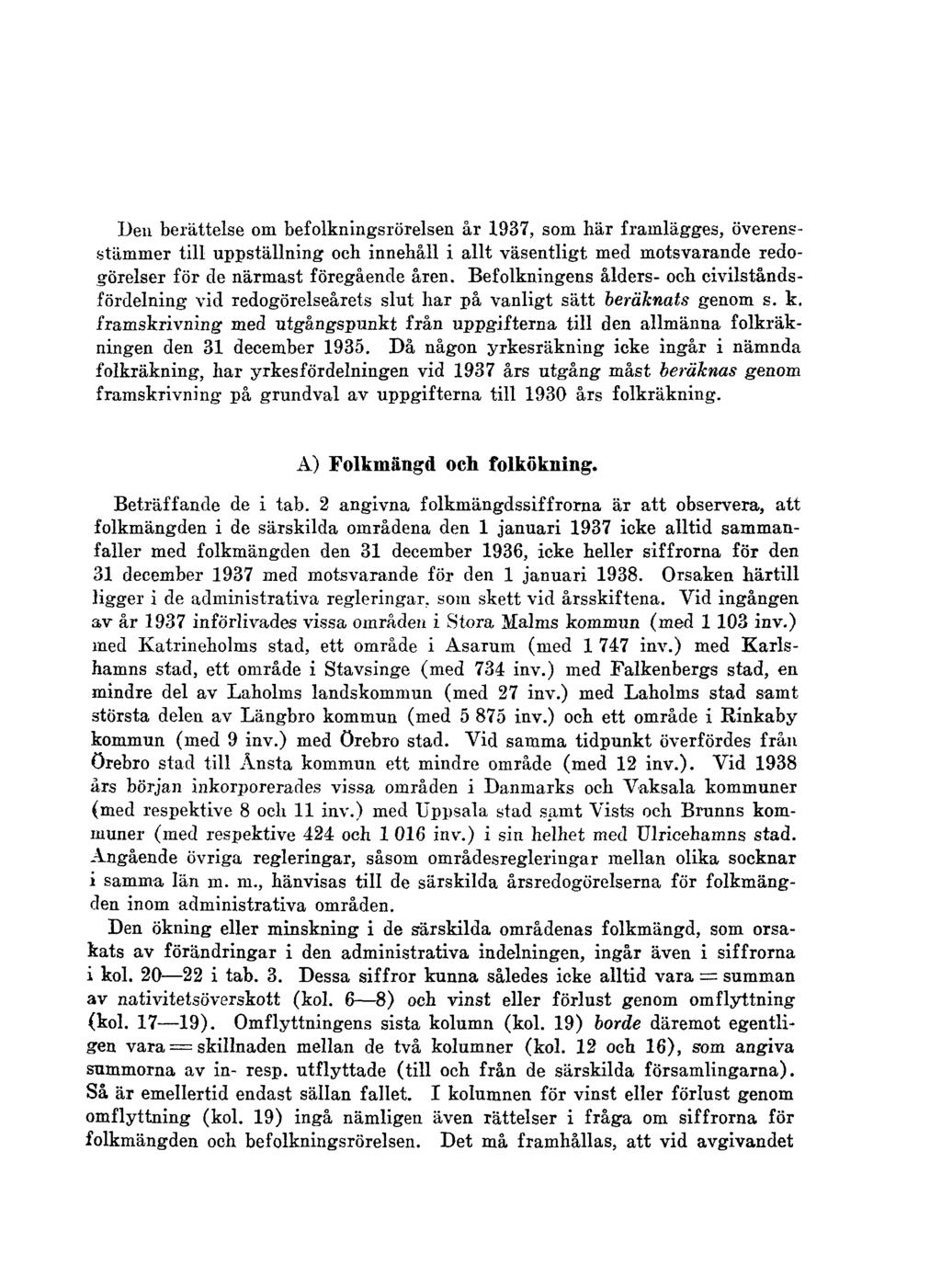 Deu berättelse om befolkningsrörelsen år 1937, som här frainlägges, överensstämmer till uppställning och innehåll i allt väsentligt med motsvarande redogörelser för de närmast föregående åren.