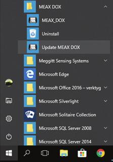 UPPDATERING OBSERVERA, detta kräver att datorn är ansluten till internet. 1. Öppna Windows startmeny 2. Bläddra till mappen MEAX DOX och kör Update MEAX DOX programmet 3.