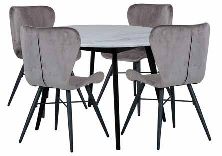 med 6 stolar, trä vitlack och dyna tyg grå, bord 180x90  pris