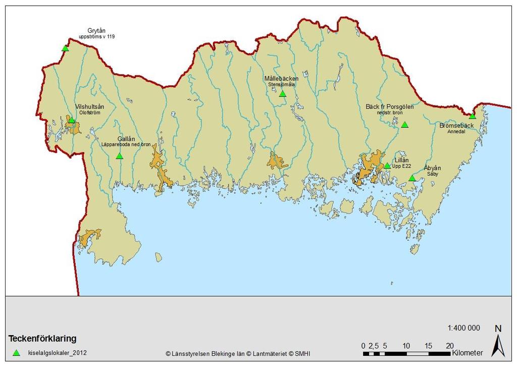 2. Metodik 2.1 Provtagning Kiselalgsprovtagning utfördes på 8 lokaler (Tabell 1, Figur 2) i september - oktober 2012 av Länsstyrelsen i Blekinge län.