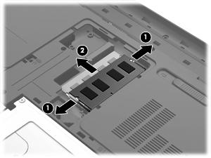 4. Skjut batteriets frigöringsspärr (1) åt sidan och ta sedan bort minnesmodulfackets lock (2). 5. Ta bort den befintliga minnesmodulen om du tänker byta ut den: a.