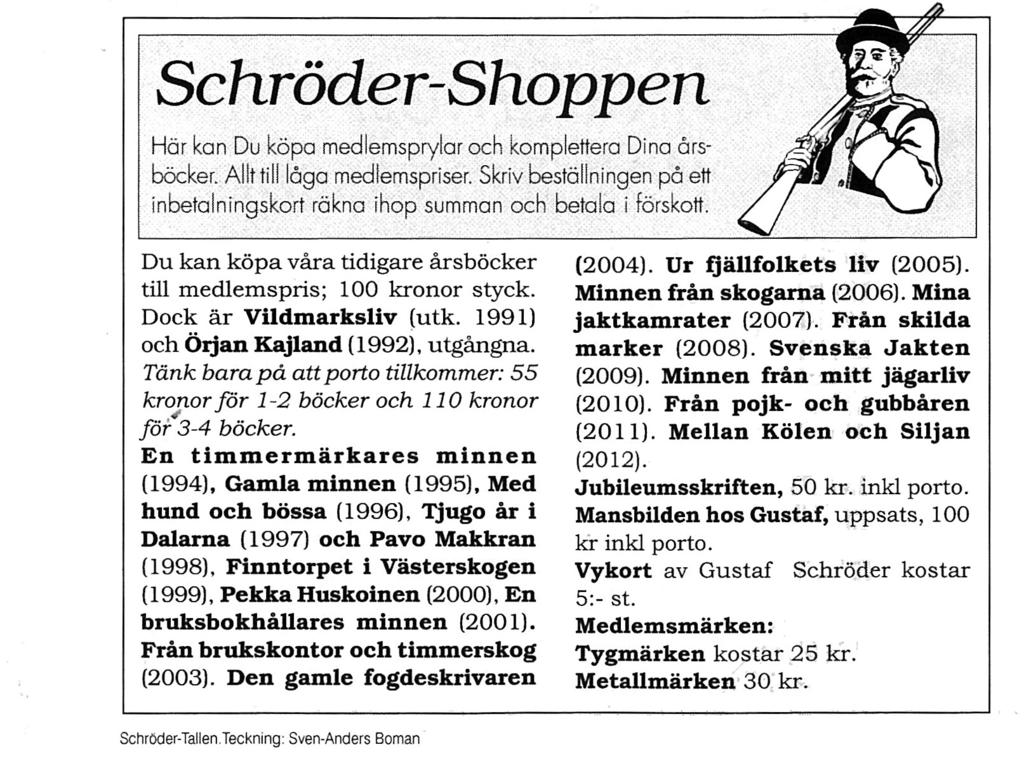 Gustaf Schrödersällskapets styrelse 2014 Ordförande: Lars Mebius, 070-634 26 28, Malmvägen, Björkvik, 671 70 Edane Sekreterare: Göran Bergman, 070-265 80 90, Kyrkvägen 4, 782 30 Malung Epost
