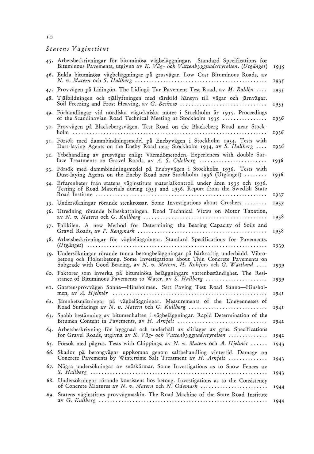 Statens V äginstitut 45. Arbetsbeskrivningar för bituminösa vägbeläggningar. Standard Specifications for Bituminous Pavements, utgivna av K. Väg- och Vattenbyggnadsstyrelsen. (Utgånget) 1935 46.