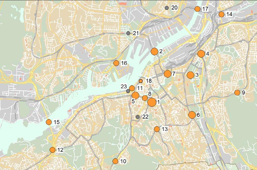 Hållbar mobilitet Flöden 2013 2018, nummer hänvisar till karta. Genomsnittliga flöden under vardagar (hela året). Cykelflöde vardagar 2018 (fallande ordning).