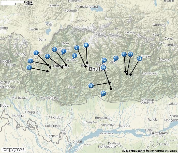 1. Paro 2. Taktshang Monastary 3. Chele La Pass 4. Thimpu 5. Dochula Chorten 6. Punakha 7. Jigme Dorji NP 8. Pelela Pass 9.