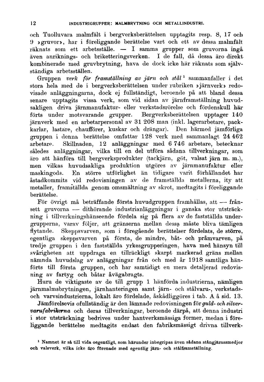 12 INDUSTRIGRUPPER: MALMBRYTNING OCH METALLINDUSTRI. och Tuolluvara malmfält i bergverksberättelsen upptagits resp.
