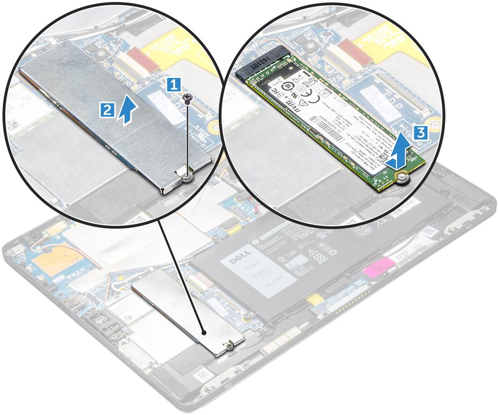 3 Så här tar du bort SSD-modulen: a Ta bort M2,0 x 2,5 mm-skruven som håller fast SSD-skyddet [1]. b Lyft bort SSD-skyddet från surfplattan [2].