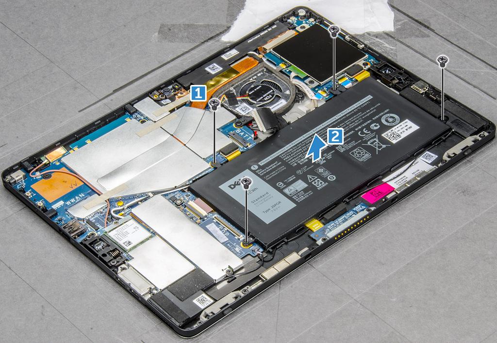 Installera batteriet 1 För in batteriet i urtaget på surfplattan. 2 Sätt tillbaka M2,0 x 4,0-skruvarna för att fästa batteriet i surfplattan.